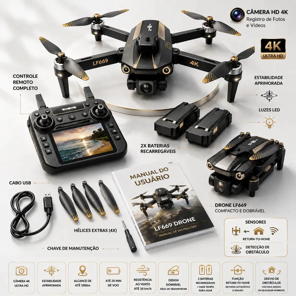 Drone LF669 Max Profissional Câmera Dupla Full HD 360° GPS FPV 2 Baterias Longo Alcance Dobrável Controle Remoto Sensor Anticolisão Estabilização de Voo Wi-Fi