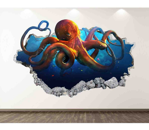 Vinilo 3d Pared Rota Pulpo Oceano Animales Decoración