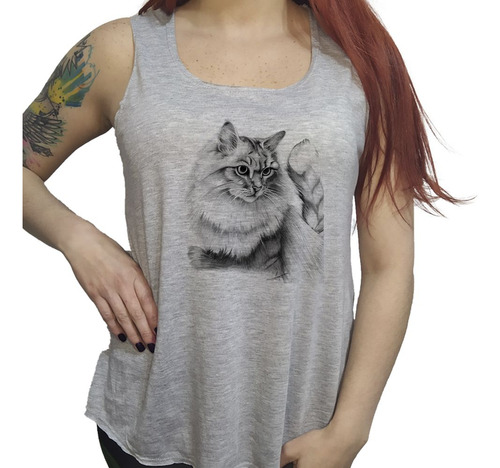 Musculosa Acampanada Gato Dibujo En Lapiz