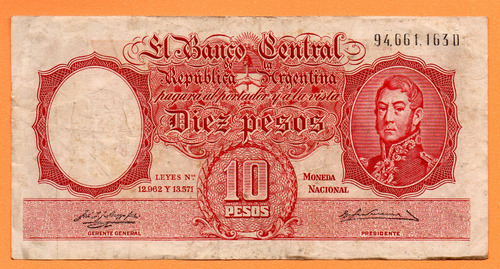Billete 10 Pesos Moneda Nacional Bottero 1957 Año 1957 Usado