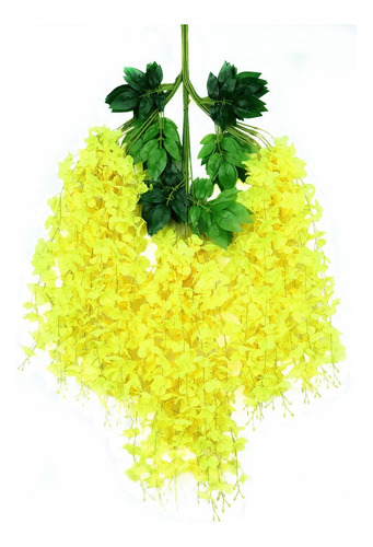 24pzs Flores Artificial Wisteria Decoración Fiesta Boda 1.1m Amarillo