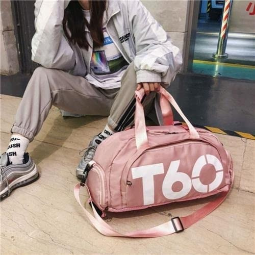 T60 Bolsa Academia Transversal Com Compartimentos Em Rose Desenho Do Tecido Liso