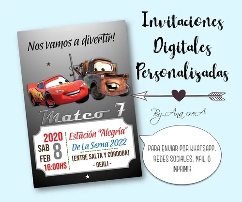 comprar Invitación Digital Personalizada Cars Disney Mod.8 Zoom