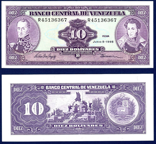 Billete 10 Bolívares R8 Junio 5 1995 Simón Bolívar Y Sucre