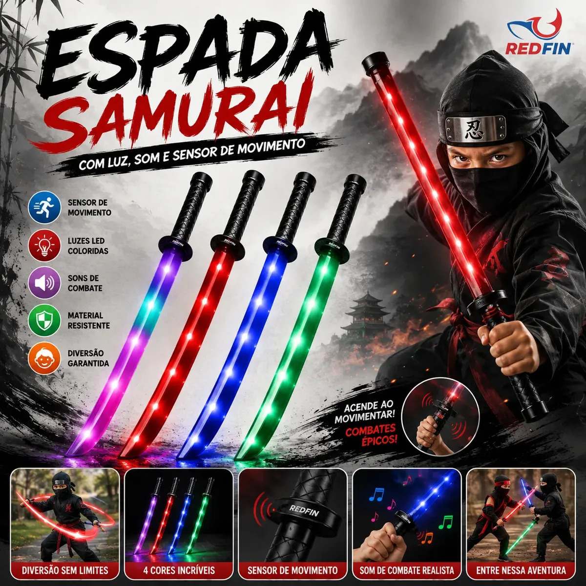 Espada Samurai Brinquedo Infantil Com Luz e Som Redfin