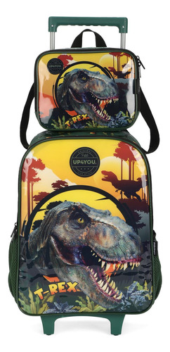 Kit De Mochila Escolar De Rodas Com Lancheira Dinossauro.