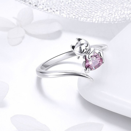 Anillo De Plata S925 Diseño Gato Amor Rosa