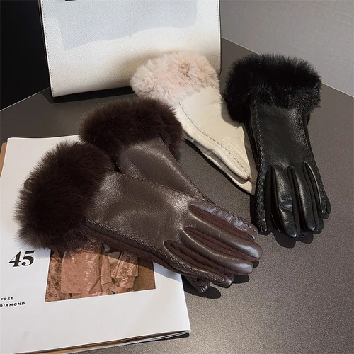 Guantes De Cuero Cálido De Invierno Para Mujer, De Lujo, Con