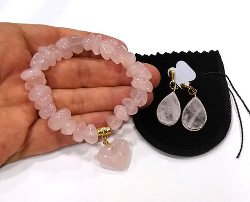 Pulseira + Brincos De Quartzo Rosa Pedra Brasil Natural R102