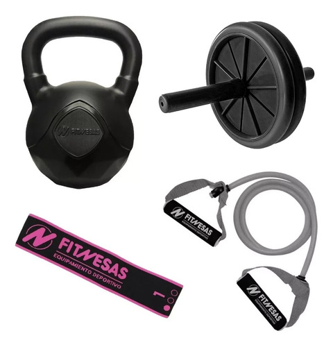 Kit Set Rueda + Pesa Rusa Kettlebell 10 Kg + Bandas Sp