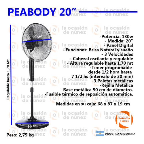 Ventilador De Pie Peabody 20 Digital Control Remoto 130w