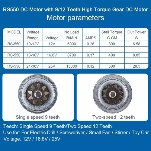 Motor Dc Rs550 18v 19500 Rpm Com 11 Dentes De Duas Velocidad