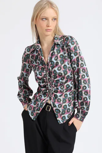 Blusa Satin Estampado Retro, Recogido, Rosa Liola