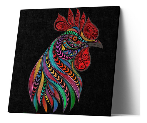 Cuadro Canvas Gallo Estilo Huichol Colores Mándala 20x20cm