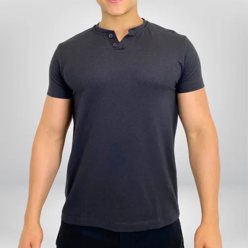 Camiseta Henley Manga Curta Slim Com Botões Gola V Conforto