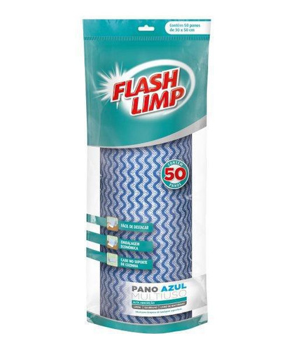 Pano Azul Multuso Flash Limp - 50 Unidades