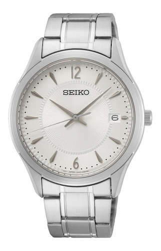 Reloj Seiko Clásico Sur417p1 Hombre Malla Plateado Bisel Plateado Fondo Blanco