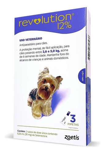 Antipulgas Revolution 12% Cães 2,6kg Até 5kg C/ 3 Pipetas