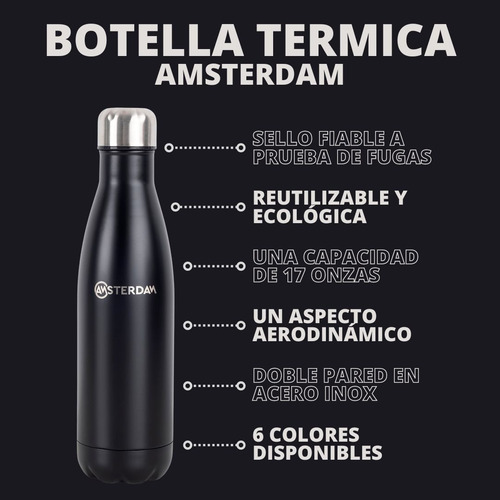 Imagen 4 de 9 de Botella Termica Doble Pared En Acero Inox 500 Ml - Amsterdam