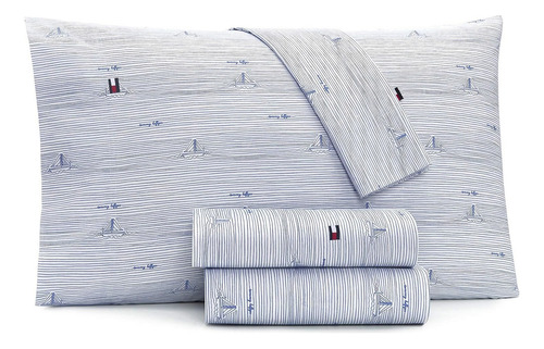 Tommy Hilfiger ® Sketchbook Juego Sábanas Y Fundas Almohada Color Blanco Y Azul Diseño De La Tela Rayado