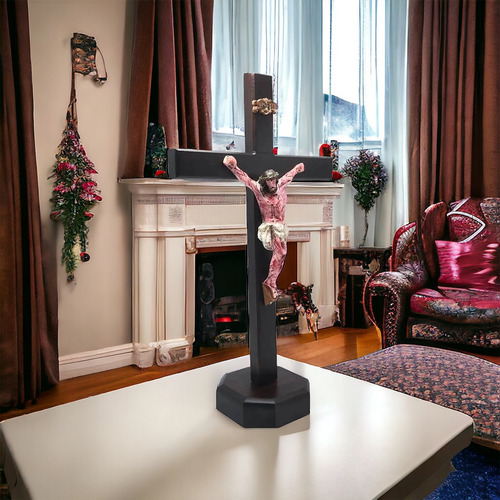 Crucifixo Mesa E Parede Madeira Cristo Chagado Resina 50 Cm