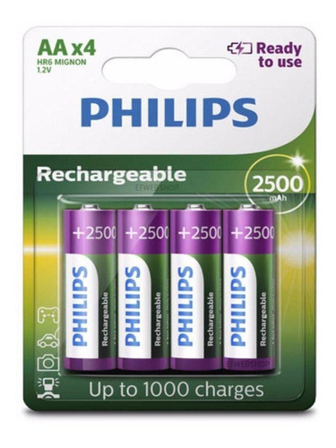 Pilha Recarregavel Philips Aa De 2500mah 4 Unidades 1.2v