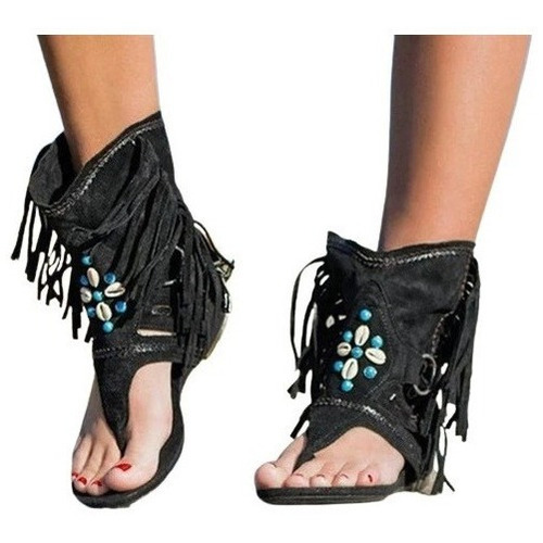 Sandalias Retro Con Flecos Y Flores Para Mujer