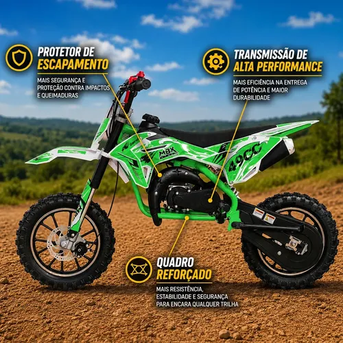 Mini Moto Cross Mbx 49cc Infantil Cor Verde Gasolina 2 Tempos