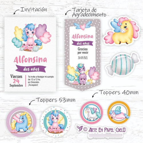 Imagen 2 de 5 de Kit Imprimible Decoración Candybar Unicornio Texto Editable