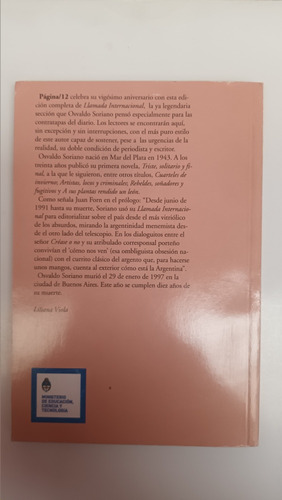 Llamada Internacional. Osvaldo Soriano. Página 12. V. Luro (Usado)