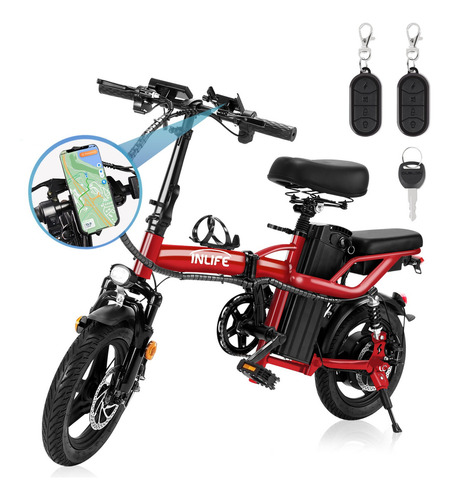 INLIFE C5 Bicicleta Eléctrica Plegable Con Dos Asientos & Batería Removible para Adultos, Potencia Máxima del Motor 800W, Velocidad Máxima 32KM/H, Autonomía 30-40KM, Batería 10AH, Color Rojo