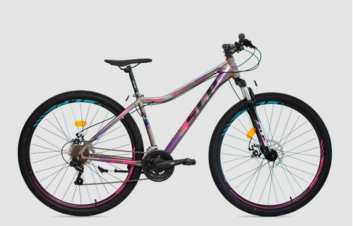 Mountain bike femenina SLP 5 Pro Lady R29 21v frenos de disco mecánico cambios SLP color gris/negro/lila con pie de apoyo  