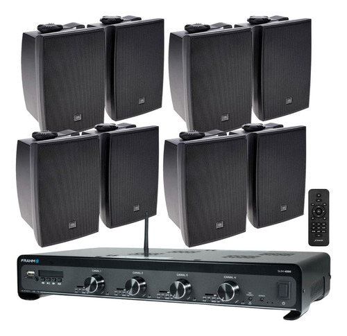 Kit Som Ambiente Amplificador + 8 Caixas Parede Sol Chuva Cor Preto