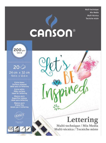 Bloco A4 Canson 200g Lettering Mix Media Branco 20 Folhas
