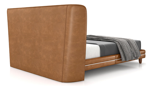 Cama Com Cabeceira Casal Pés Madeira Pu/bouclê Caramelo/offw