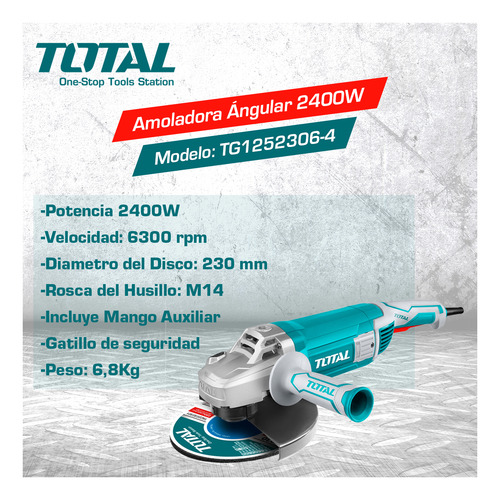 Imagen 3 de 7 de Amoladora Angular 2400w Para Disco De 230mm Total