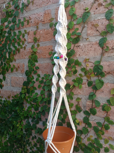 Porta Maceta Colgante Macramé Blanco Adn Cuentas
