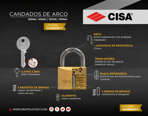 Imagen 7 de 10 de Candado De Arco 30mm De Laton Con 2 Llaves Cisa