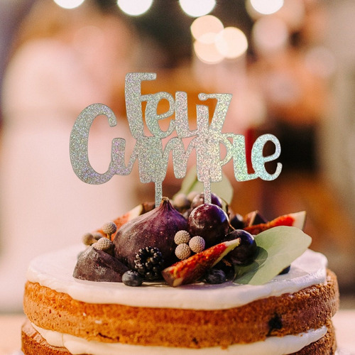 Cake Topper Feliz Cumple Acrílico Vinil Glitter Plata 17x10 Plateado