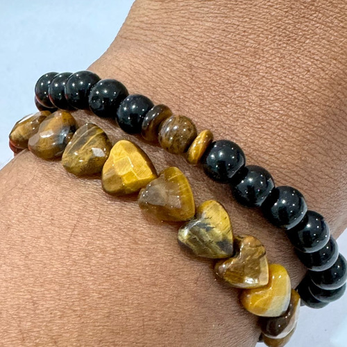 Kit 2 Pulseiras Onix E Olho De Tigre Coração Sextavado