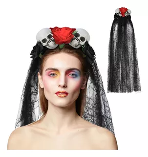 Diadema De Halloween Y De Día Muertos Con Negro Velo Encaje