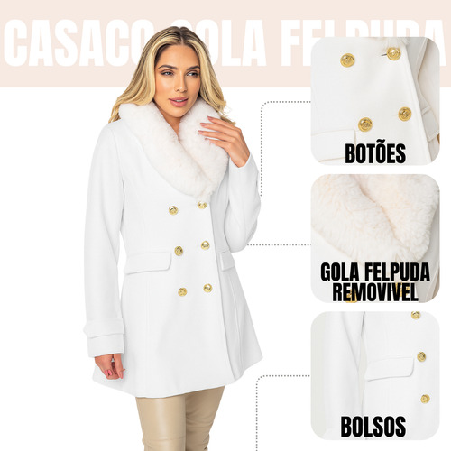 Casaco Midi Forrado Lã Batida Botões Gola Felpuda Removivel
