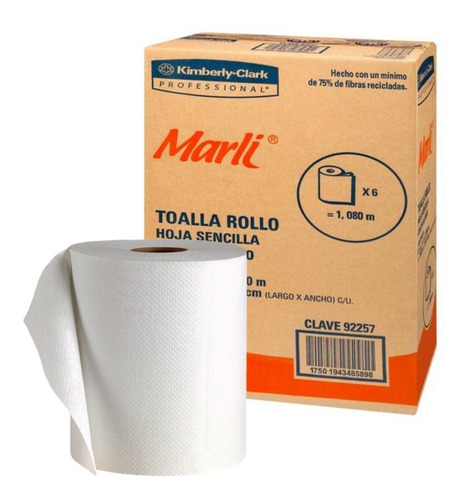 Toalla En Rollo Marli 92257 180 Metros Sencilla 6 Rollos