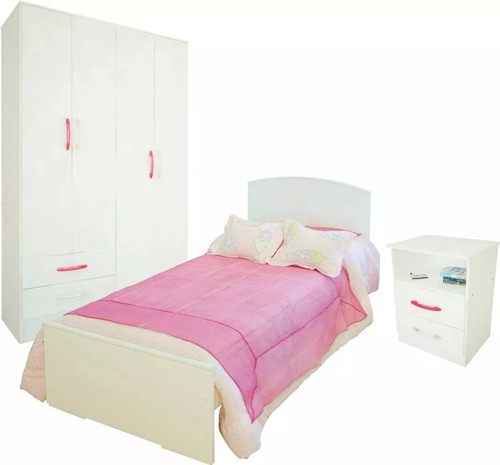  Cama Fiona + Placard 4 Ptas + Mesa De Luz Combo Infantil