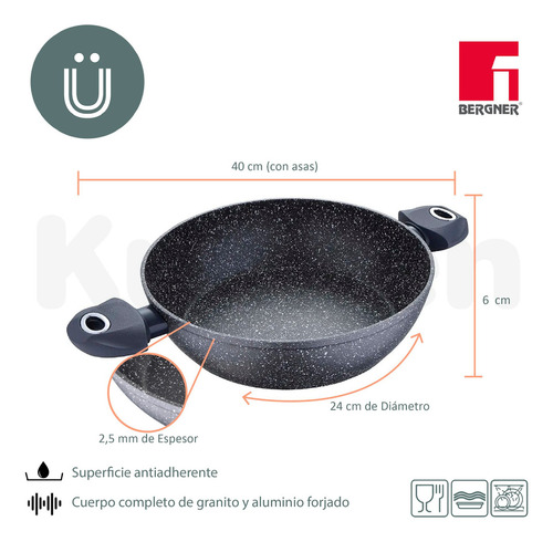 Imagen 3 de 5 de Cacerola Baja Bergner Orion Granito Aluminio 24 Cm C/tapa