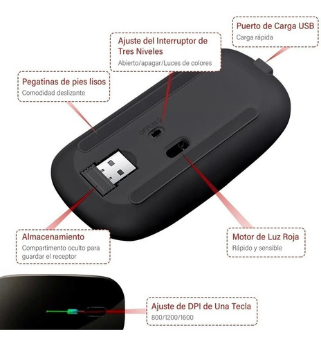 Mouse Led Recargable Ratón Silencio Inalámbrico Rgb Color