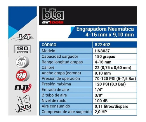 Imagen 2 de 4 de Engrapadora Neumática Bta 4-16mm X 9,1mm Oferta Contado