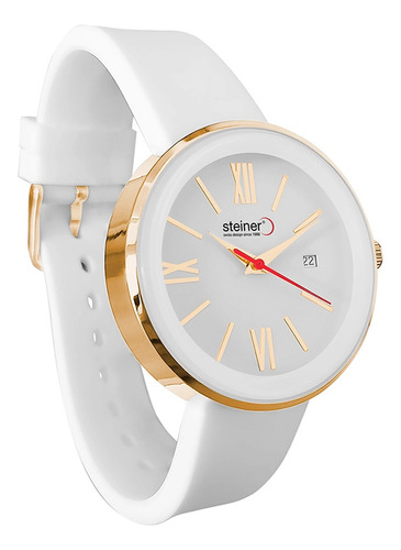 Reloj Para Mujer Números Romanos Steiner Con Fechador 37 Mm Correa Blanco Bisel Dorado Fondo Blanco