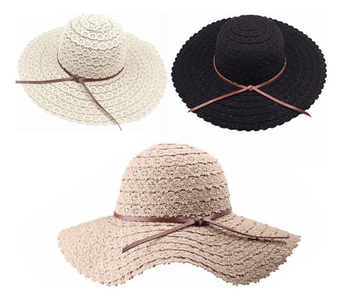 Paquete De 3 Sombreros De Playa De Ala Ancha Para Mujer, Pla