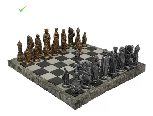 Jogo de Xadrez Medieval Rústico Coleção Temático Peças Chess Set Tabuleiro  Preto Branco Grande